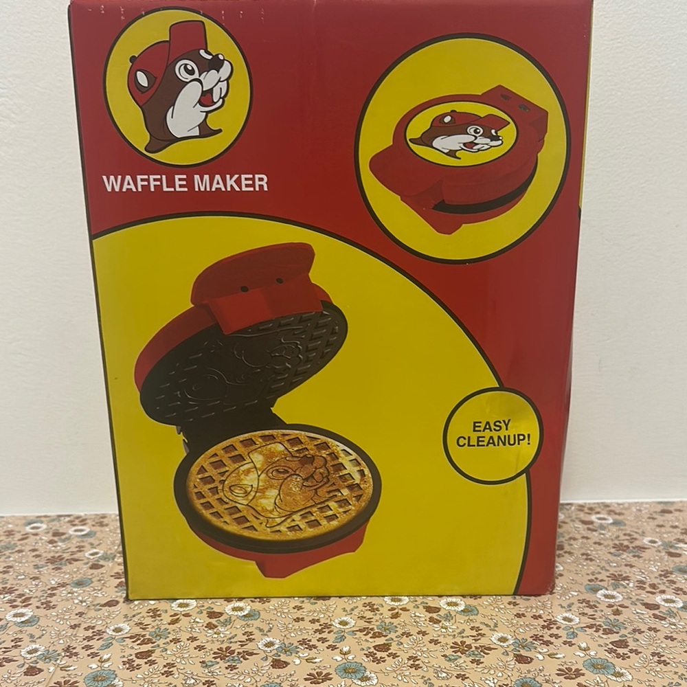 Red Waffle Maker with Cartoon Design